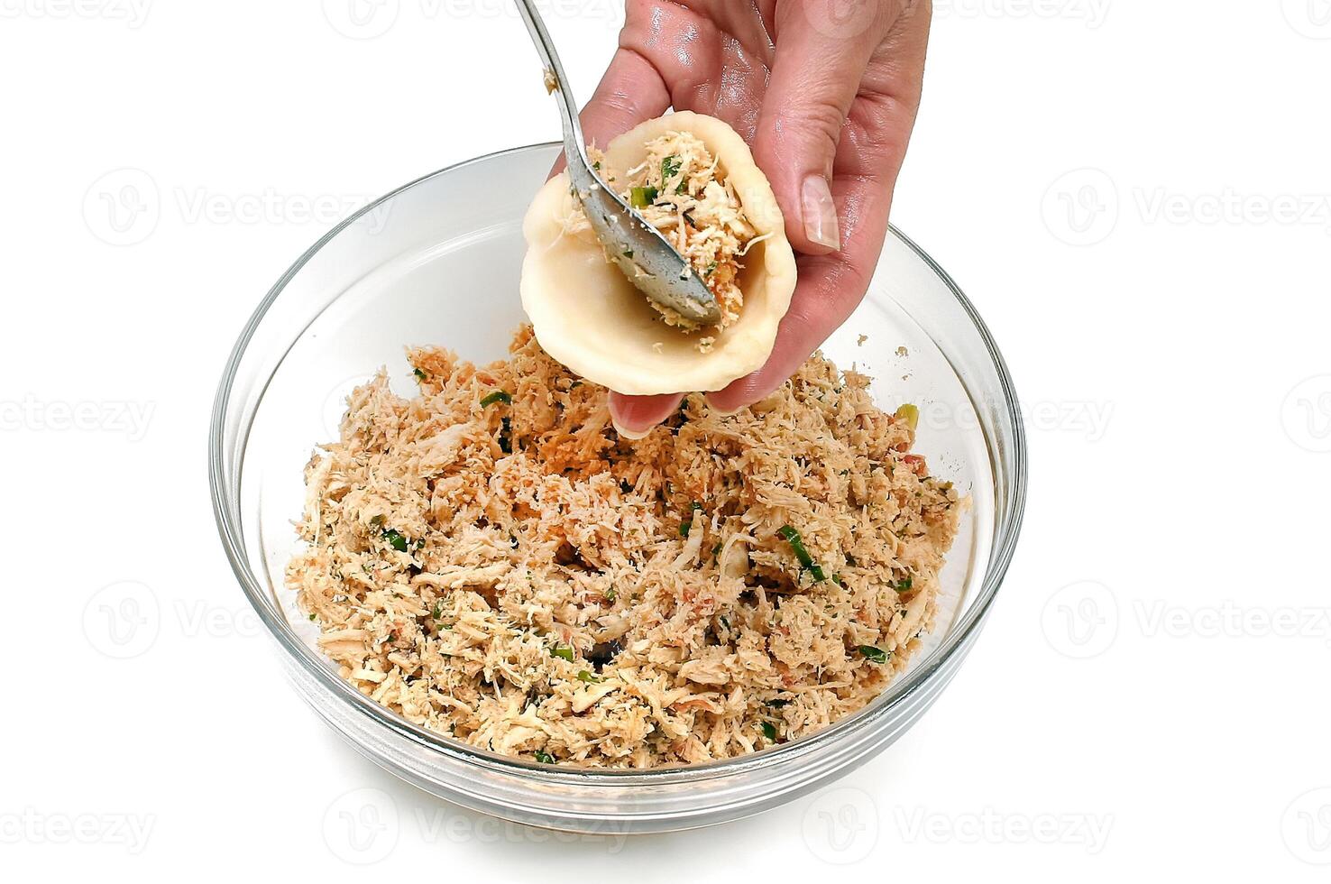 preparation of dough and filling of chicken meat in the drumstick photo