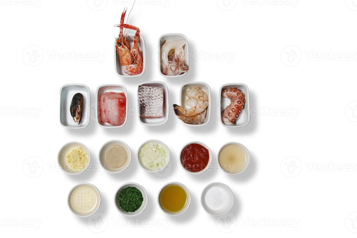 step by step guide to fish broth, with crayfish, prawns, white wine, minced garlic, seafood and olive oil photo