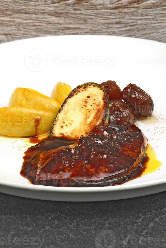 foie au gras with Portuguese chestnuts and sauce photo