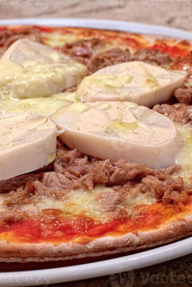 tuna pizza with hearts of palm and cheese photo