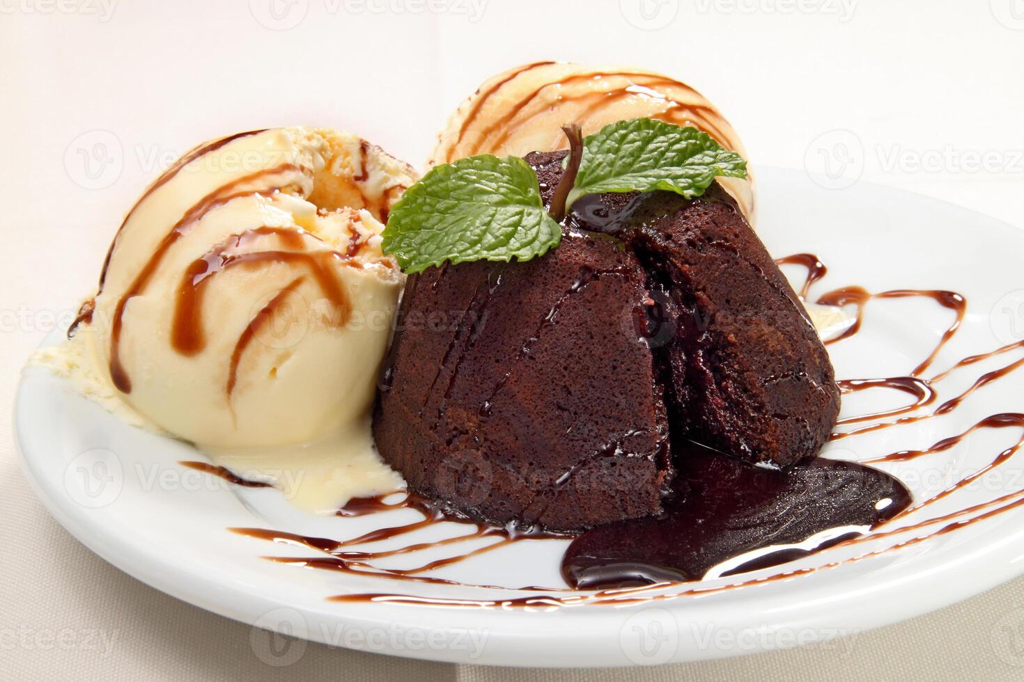 petit gateau with cream ice cream and chocolate sauce photo