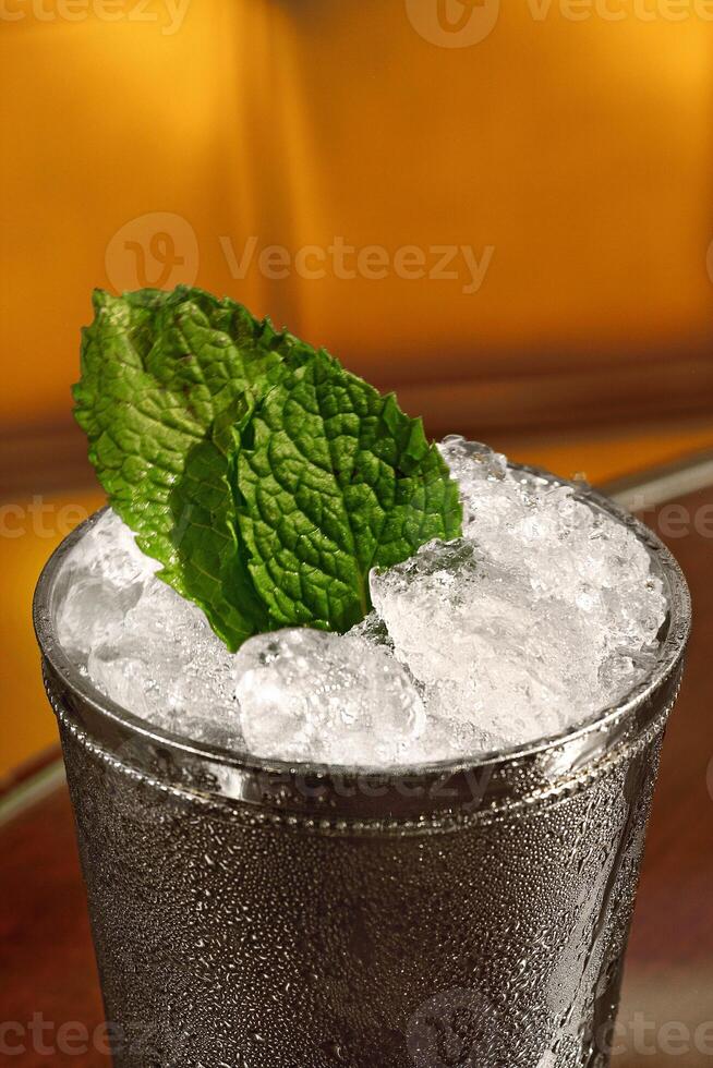 Mint Julep, classic drink with mint, bourbon whiskey, sugar syrup and aromatic bitters photo