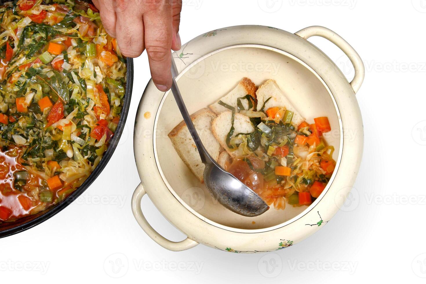Tuscan Ribollita soup step by step with white beans, celery, chard, onions and olive oil photo