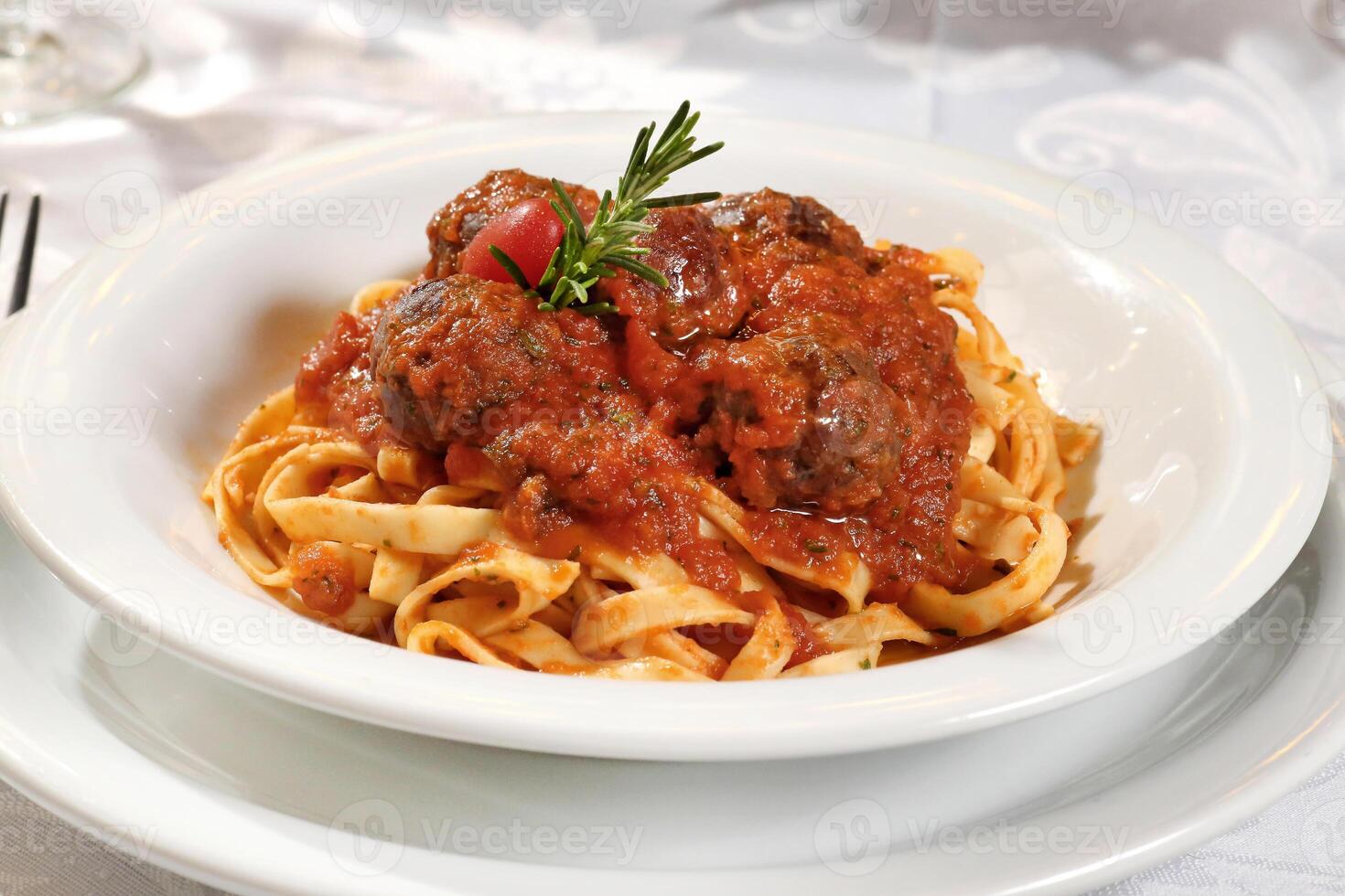 Fettuccine and polpetone in tomato sauce photo