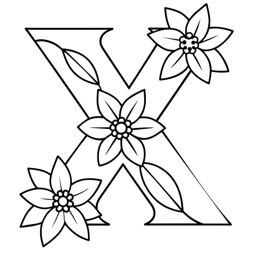 Alphabet X coloring page with the flower, X letter digital outline floral coloring page, ABC coloring page vector