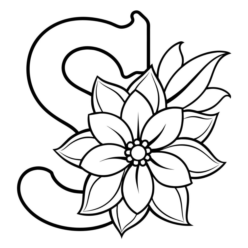 Alphabet S coloring page with the flower, S letter digital outline floral coloring page, ABC coloring page vector