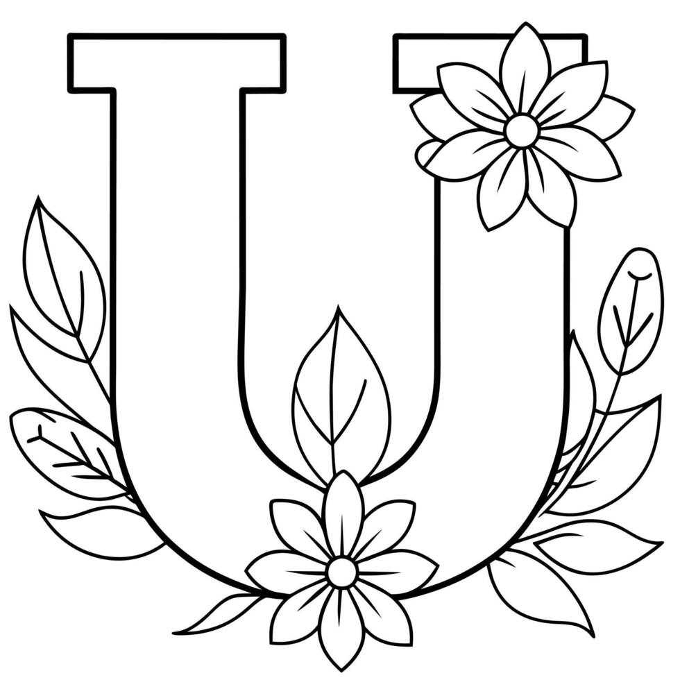 Alphabet U coloring page with the flower, U letter digital outline floral coloring page, ABC coloring page vector