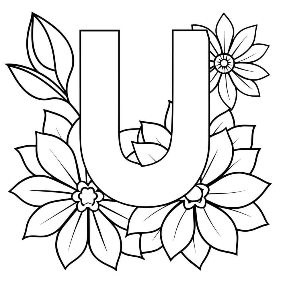 Alphabet U coloring page with the flower, U letter digital outline floral coloring page, ABC coloring page vector