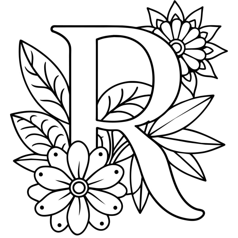 Alphabet R coloring page with the flower, R letter digital outline floral coloring page, ABC coloring page vector