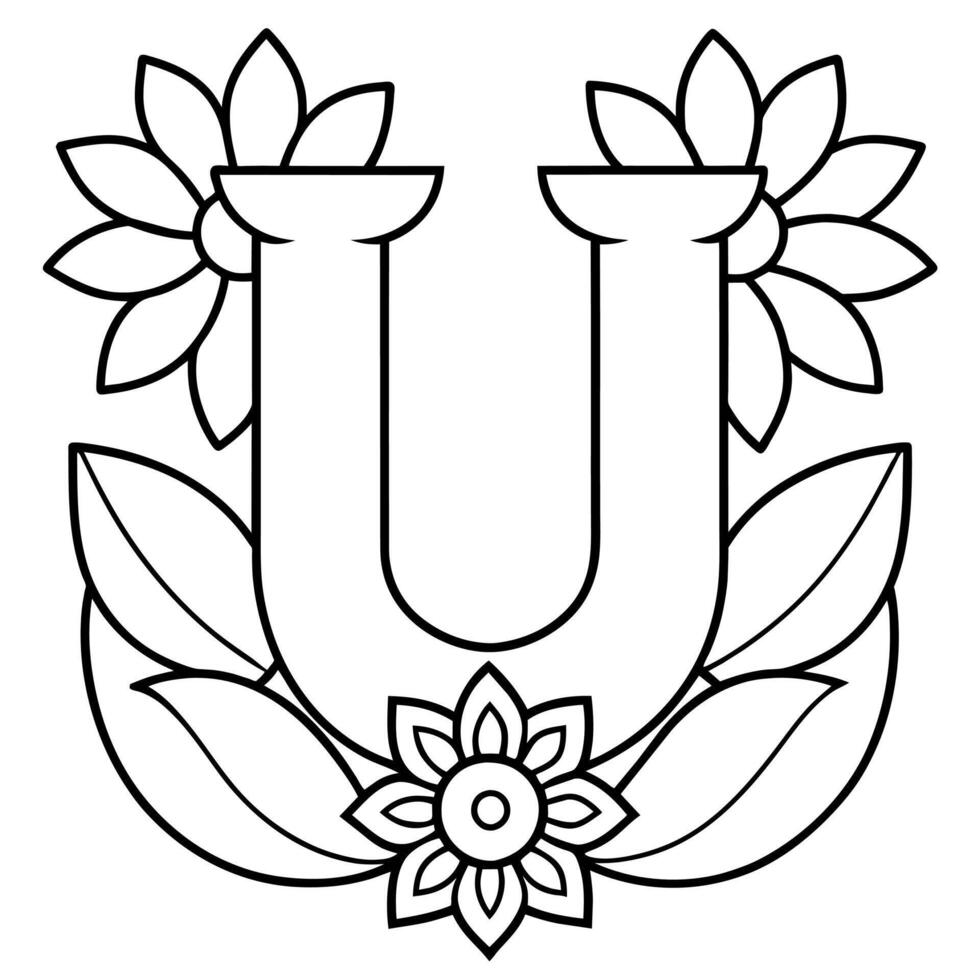 Alphabet U coloring page with the flower, U letter digital outline floral coloring page, ABC coloring page vector