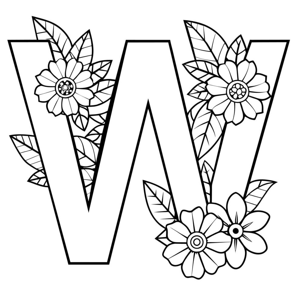 Alphabet W coloring page with the flower, W letter digital outline floral coloring page, ABC coloring page vector