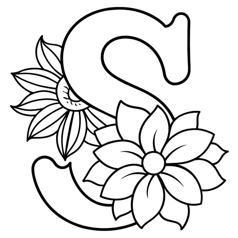 Alphabet S coloring page with the flower, S letter digital outline floral coloring page, ABC coloring page vector