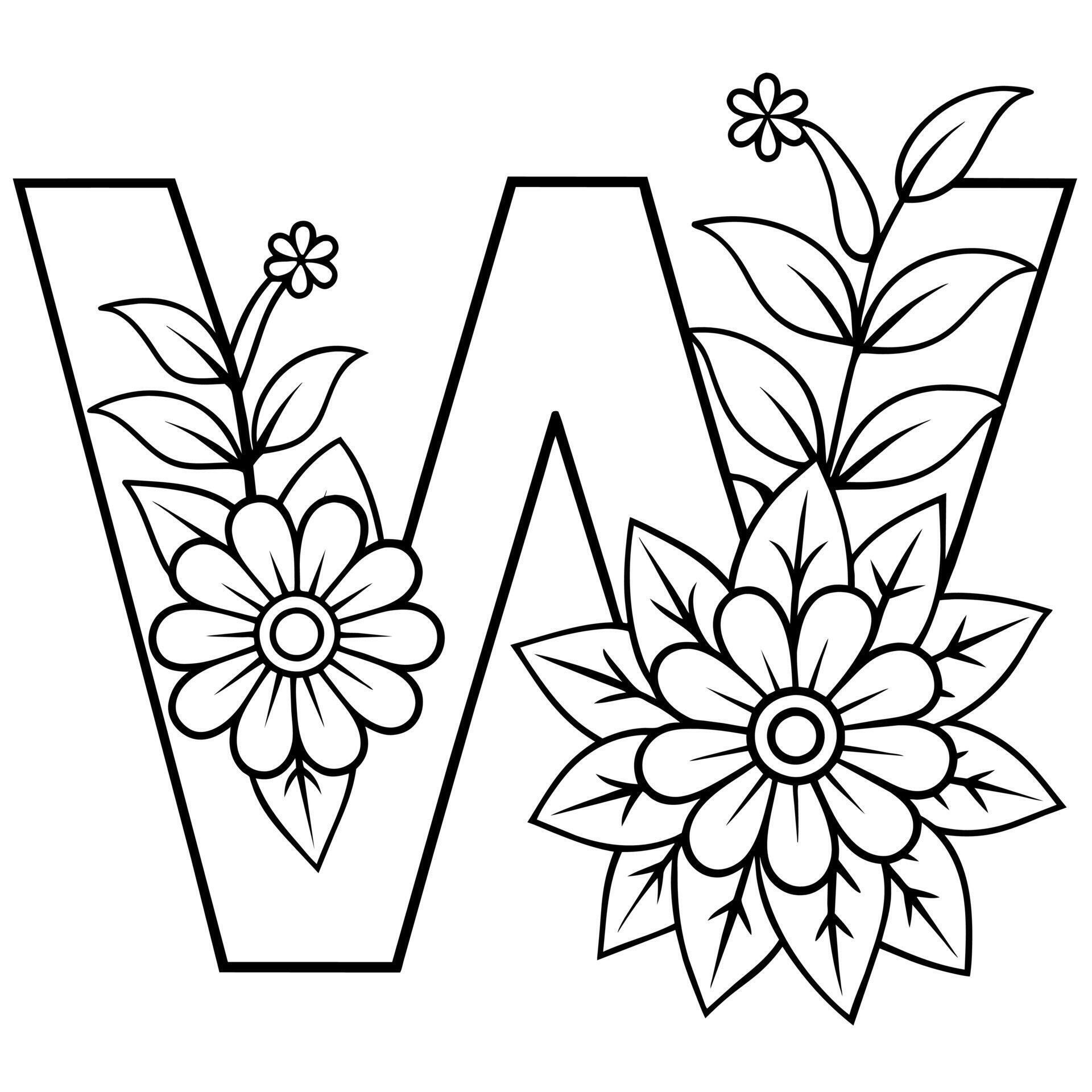 Alphabet W coloring page with the - Alphabet W Coloring Page With The Flower W Letter Digital Outline Floral Coloring Page Abc Coloring Page Free Vector
