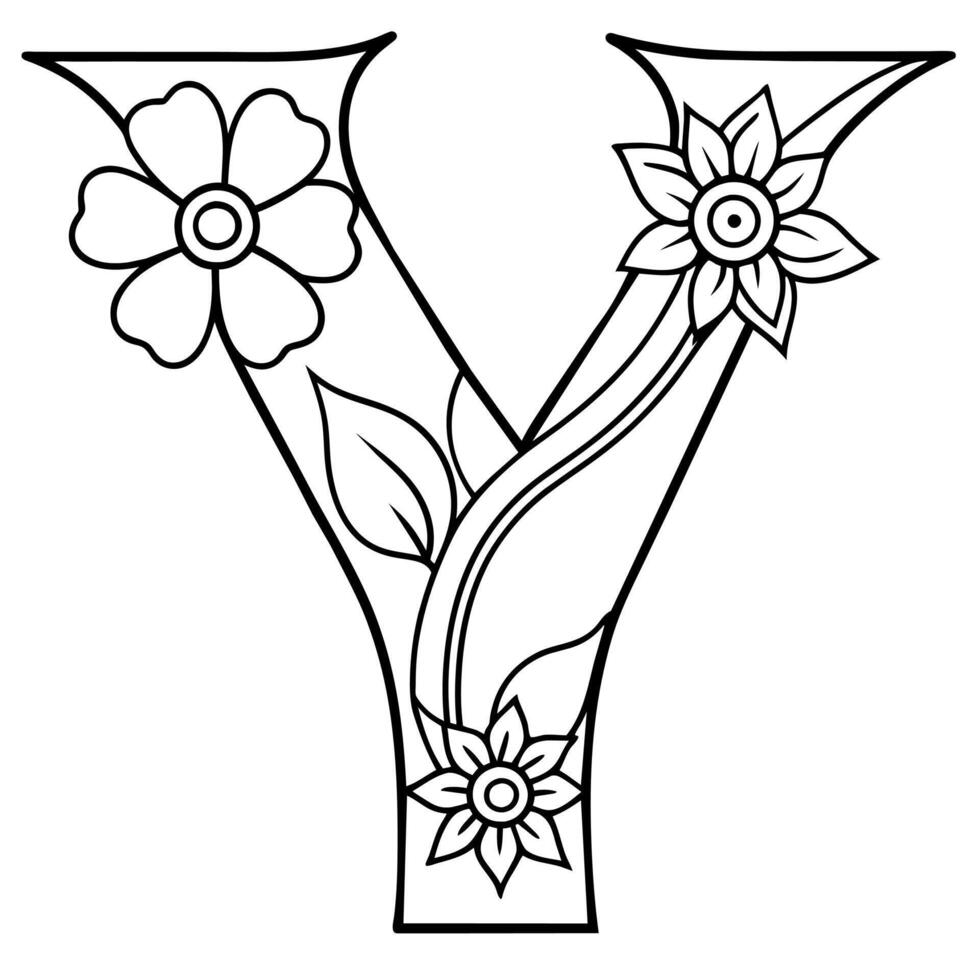 Alphabet Y coloring page with the flower, Y letter digital outline floral coloring page, ABC coloring page vector