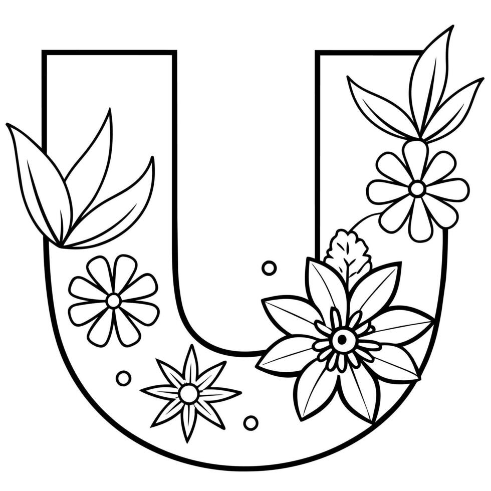 Alphabet U coloring page with the flower, U letter digital outline floral coloring page, ABC coloring page vector