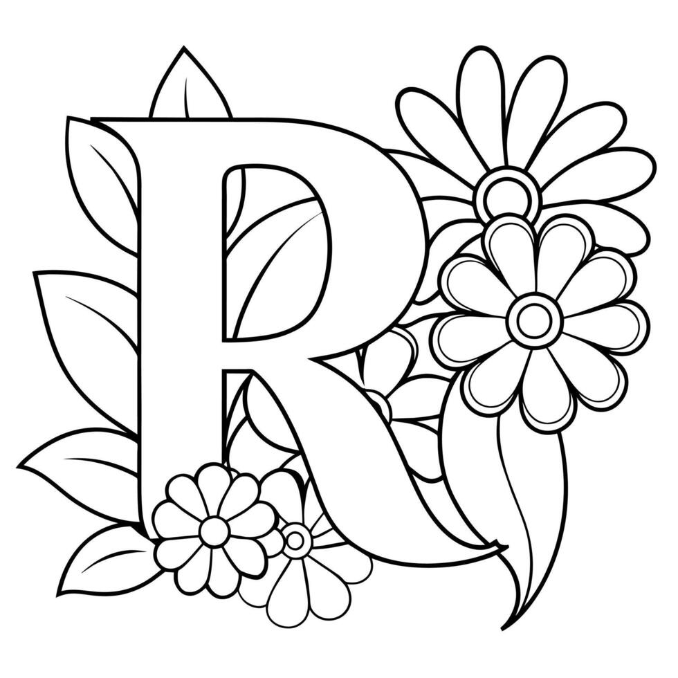 Alphabet R coloring page with the flower, R letter digital outline floral coloring page, ABC coloring page vector