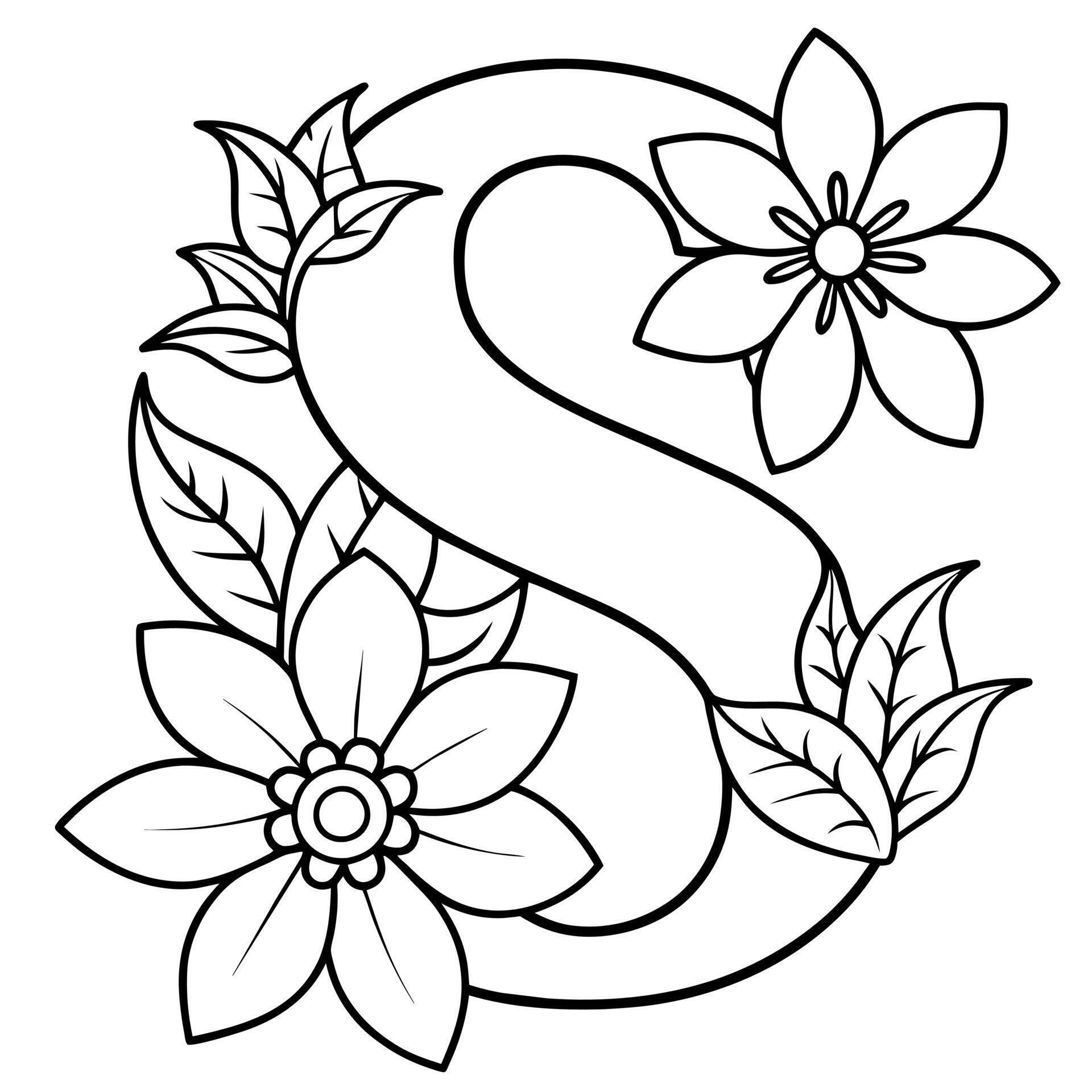 Alphabet S coloring page with the flower, S letter digital outline