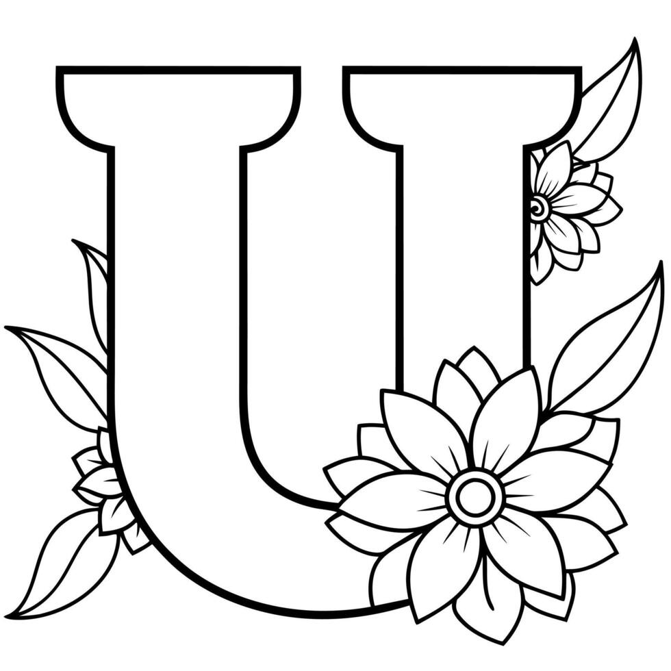 Alphabet U coloring page with the flower, U letter digital outline floral coloring page, ABC coloring page vector