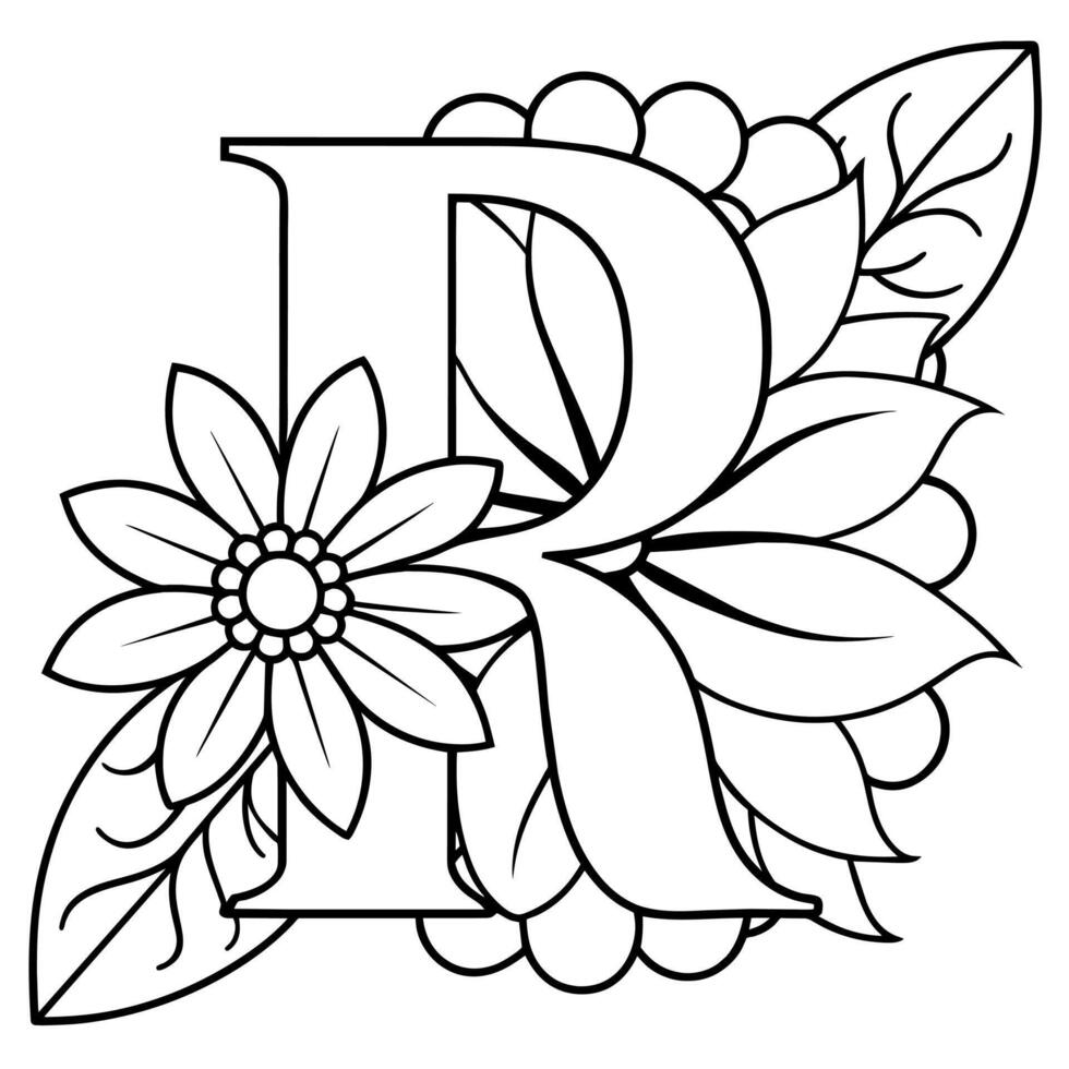 Alphabet R coloring page with the flower, R letter digital outline floral coloring page, ABC coloring page vector