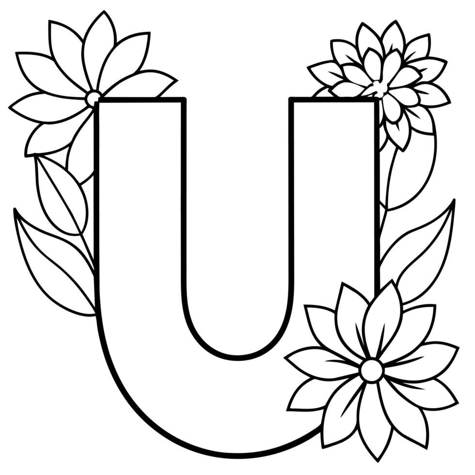Alphabet U coloring page with the flower, U letter digital outline floral coloring page, ABC coloring page vector