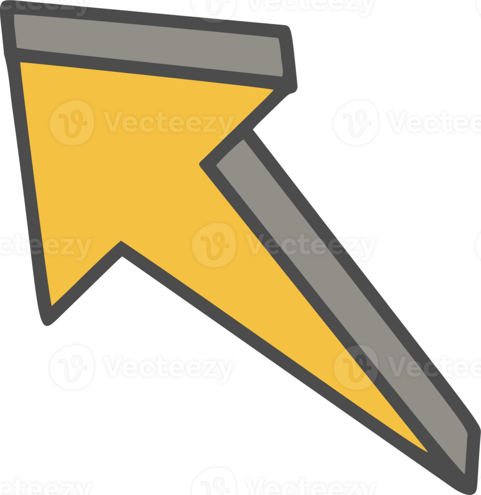 mano disegnato scarabocchio freccia. matita giallo linea schizzo. curva design elemento. schema cartello di cursore. grafico Vintage ▾ marchio e grassetto silhouette png