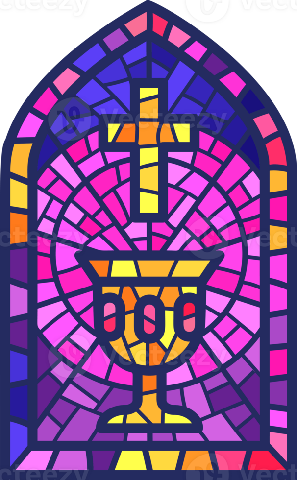 Church glass window. Stained mosaic catholic frame with religious symbol cup. Color illustration png