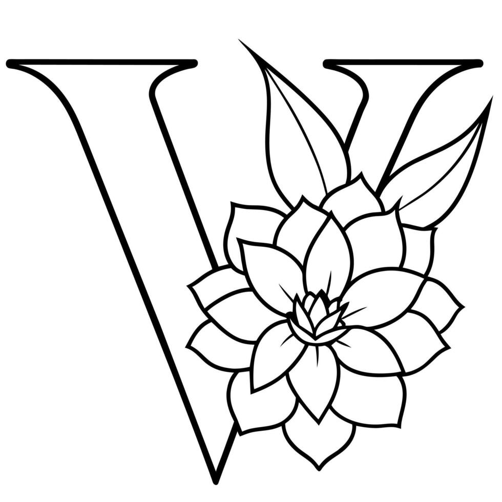 Alphabet V coloring page with the flower, V letter digital outline floral coloring page, ABC coloring page vector