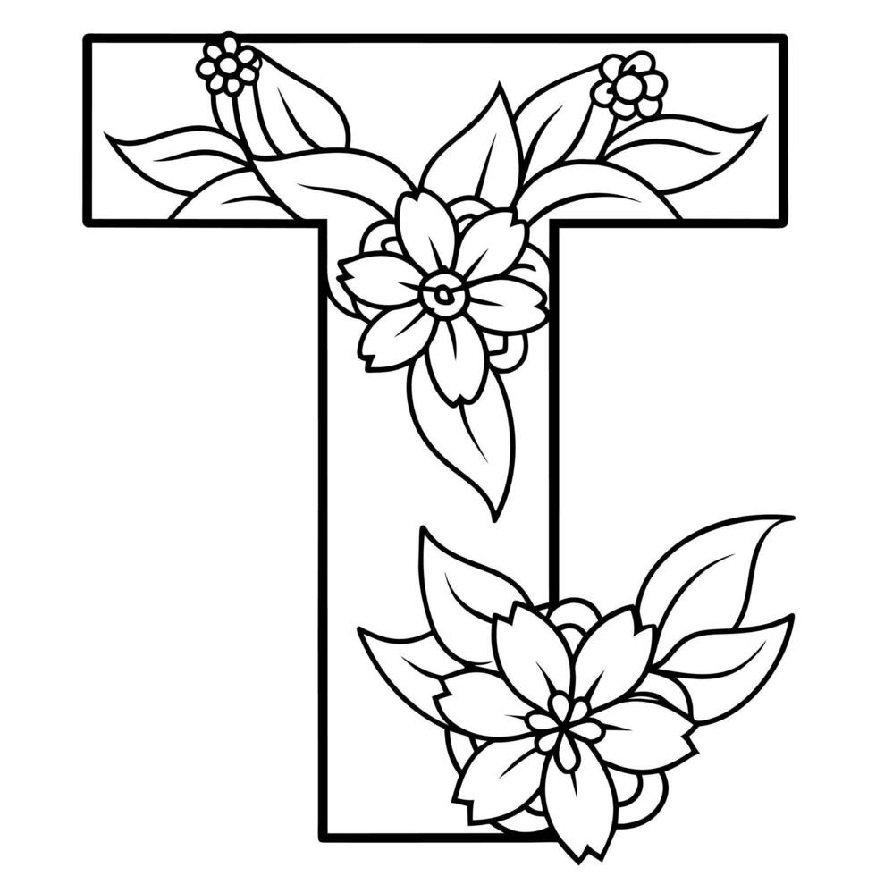 Alphabet T coloring page with the flower, T letter digital outline floral coloring page, ABC coloring page vector