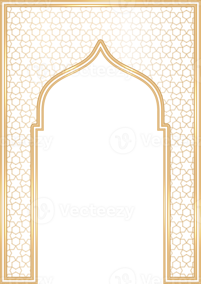 Ramadan Islamic arch frame with ornament. Muslim traditional door illustration for wedding invitation post and templates. Golden frames in oriental style. Persian windows shape png