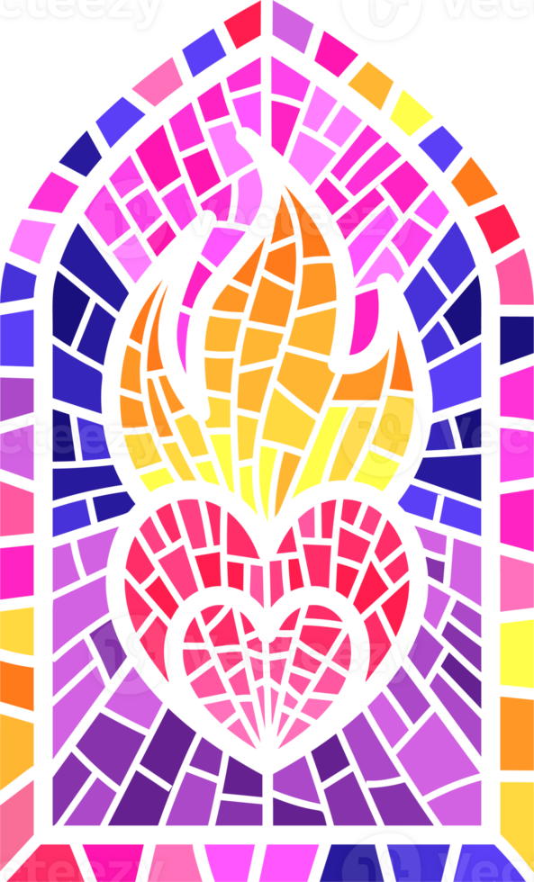 Church glass window. Stained mosaic catholic frame with religious symbol burning heart. Color illustration png