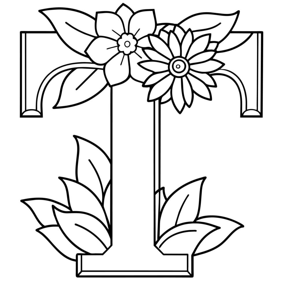 Alphabet T coloring page with the flower, T letter digital outline floral coloring page, ABC coloring page vector