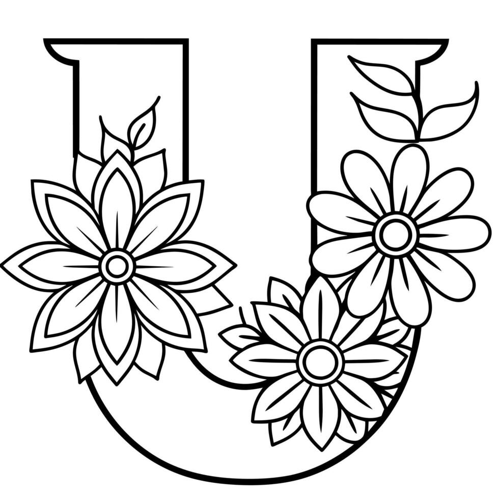 Alphabet U coloring page with the flower, U letter digital outline floral coloring page, ABC coloring page vector