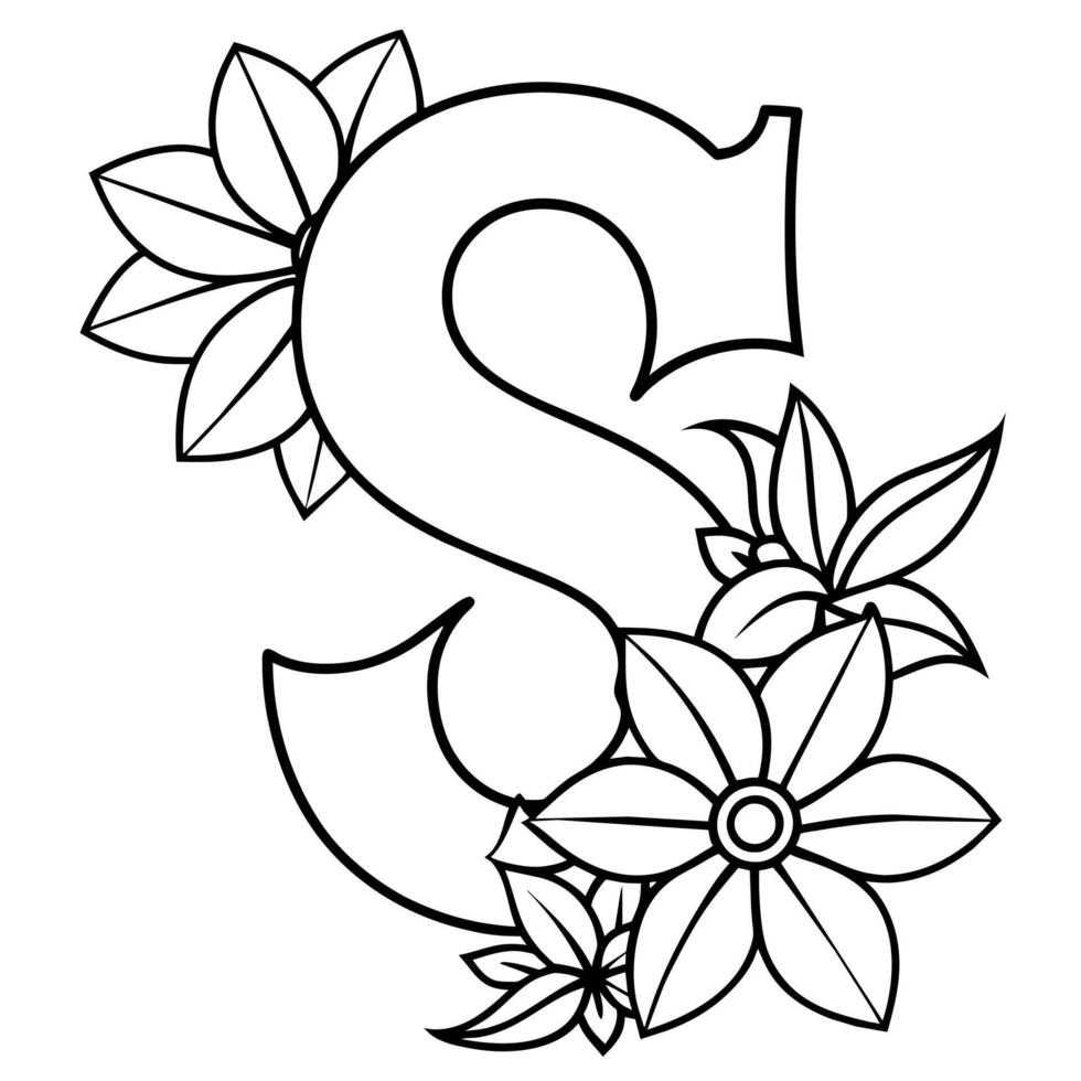 Alphabet S coloring page with the flower, S letter digital outline floral coloring page, ABC coloring page vector