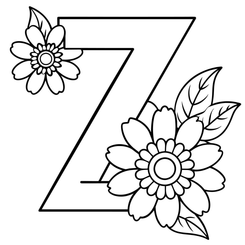 Alphabet Z coloring page with the flower, Z letter digital outline floral coloring page, ABC coloring page vector