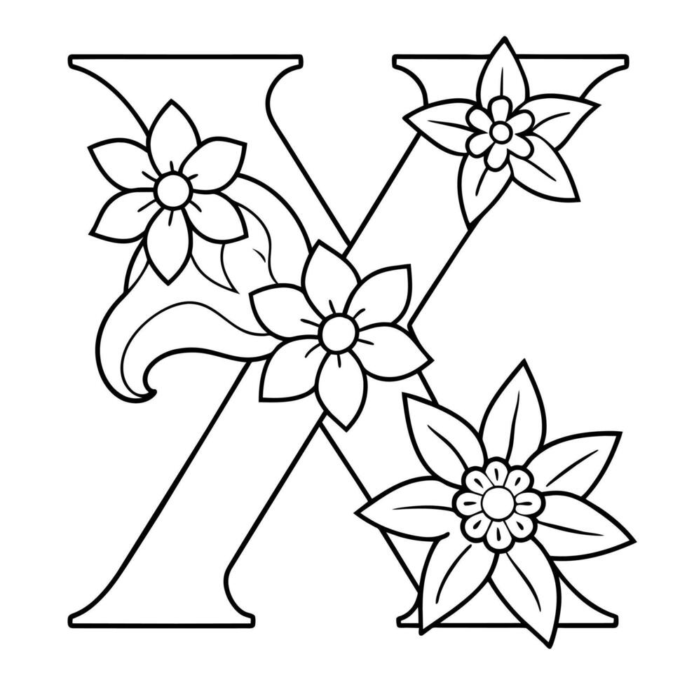 Alphabet X coloring page with the flower, X letter digital outline floral coloring page, ABC coloring page vector