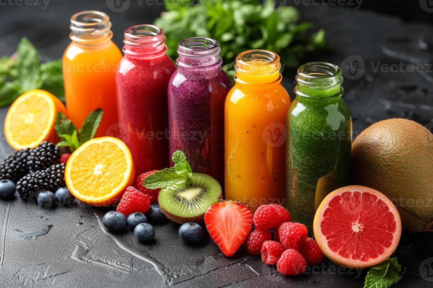Colorful array of organic smoothier and fresh juices, vibrant fruits and vegetables visible, in glass bottles on a sunny photo