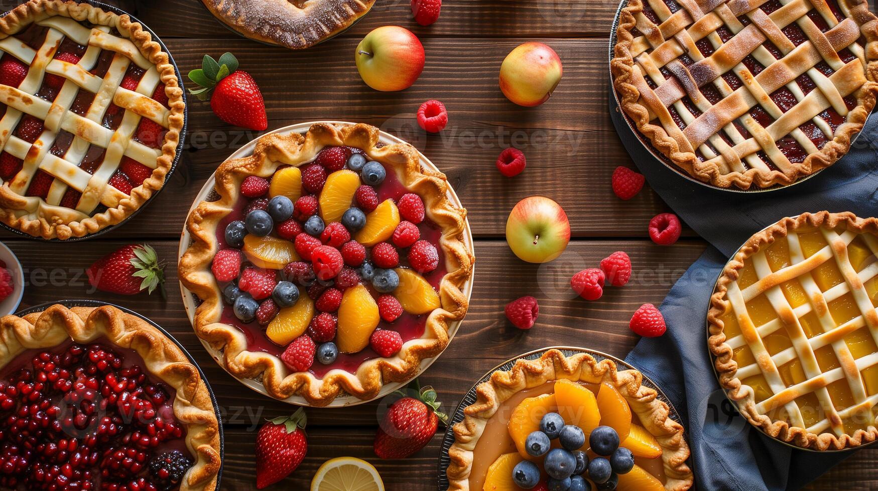 top view assortment of pies, pastry with different fruits and berries on wooden table in a bakery photo