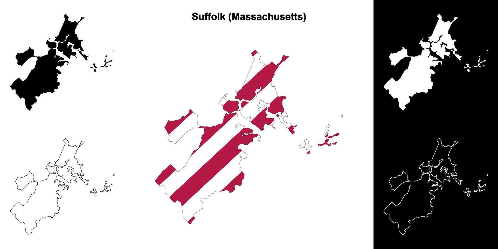 Suffolk County, Massachusetts outline map set vector