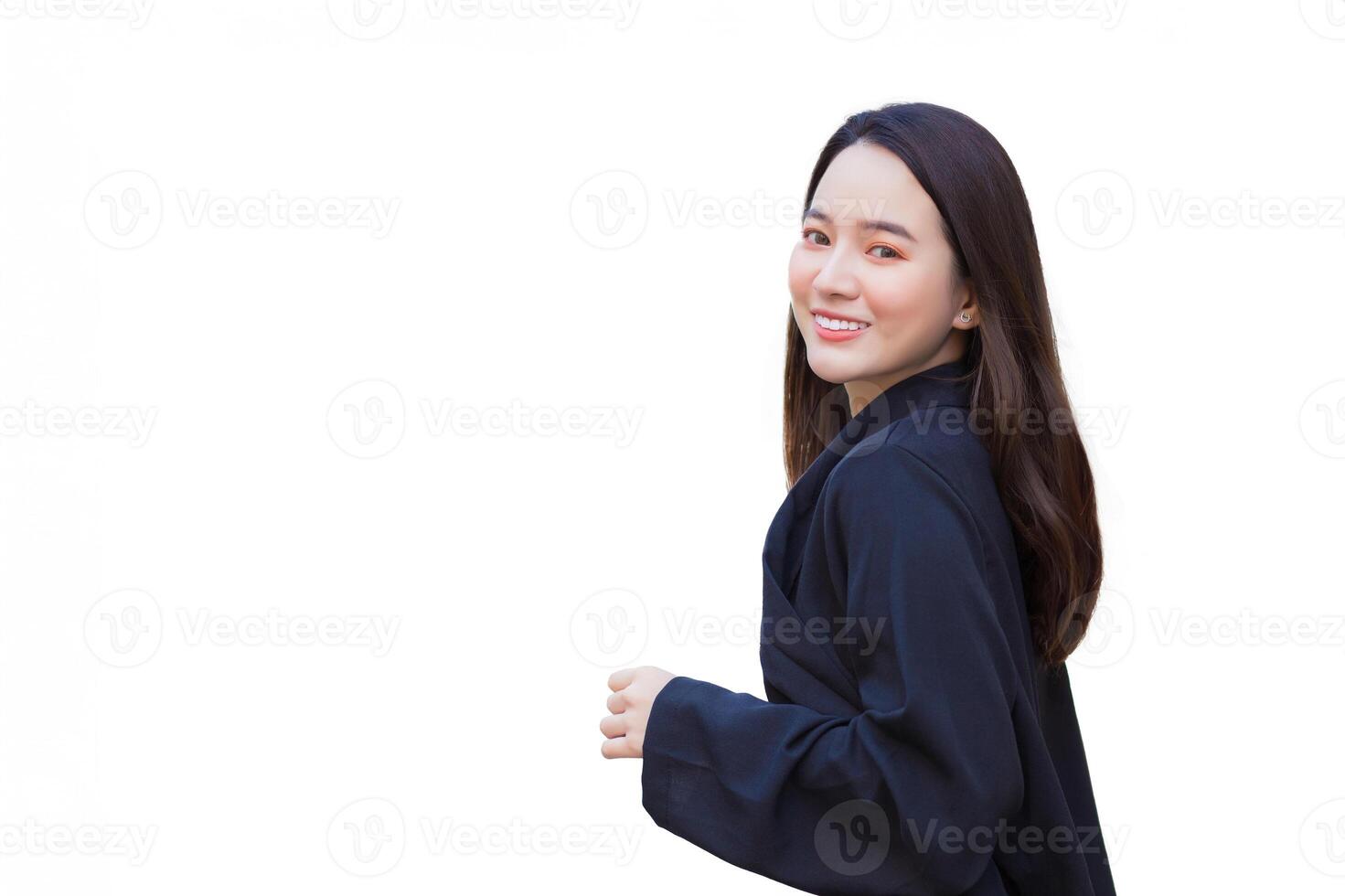 This image portrays confident professional Asian woman wearing blue blazer. She appears mature and business oriented while isolated white background. photo