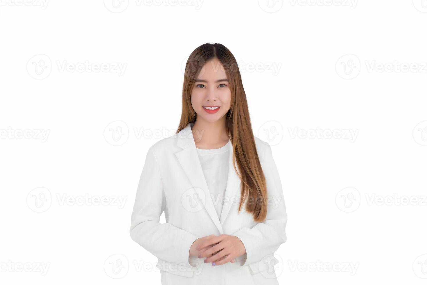 This image shows confident Asian woman in professional white suit presenting herself with confidence. She is experienced business woman. Have trustworthy aura that indicates sales expertise. photo