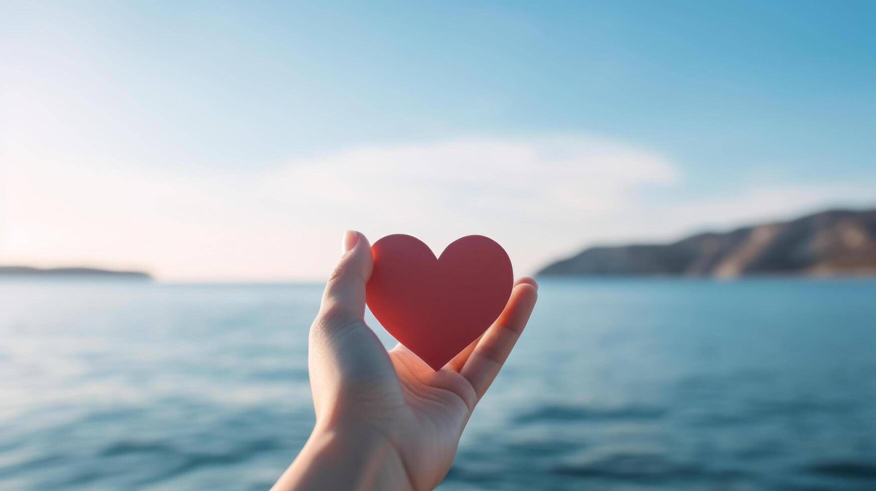 hand hold red love on the sea scene photo