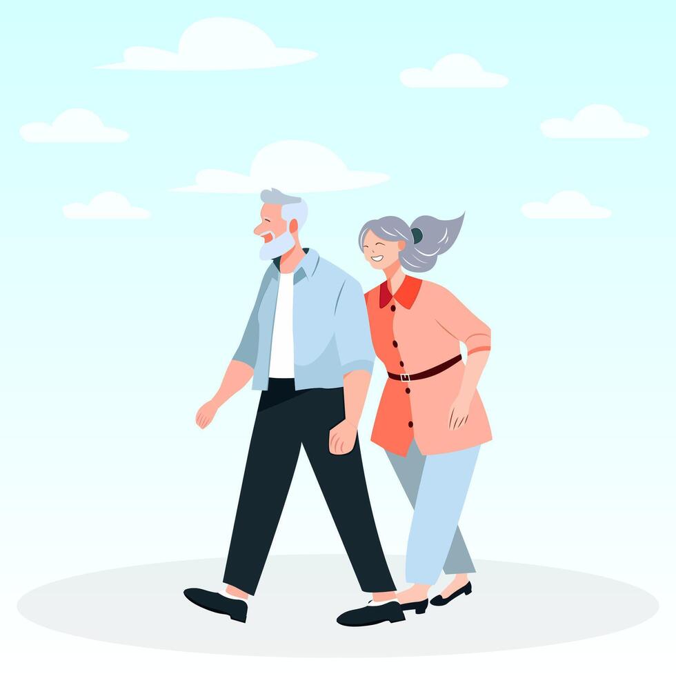 Smiling elderly couple embrace active retirement with healthy lifestyle holding hands in joyful unity vector