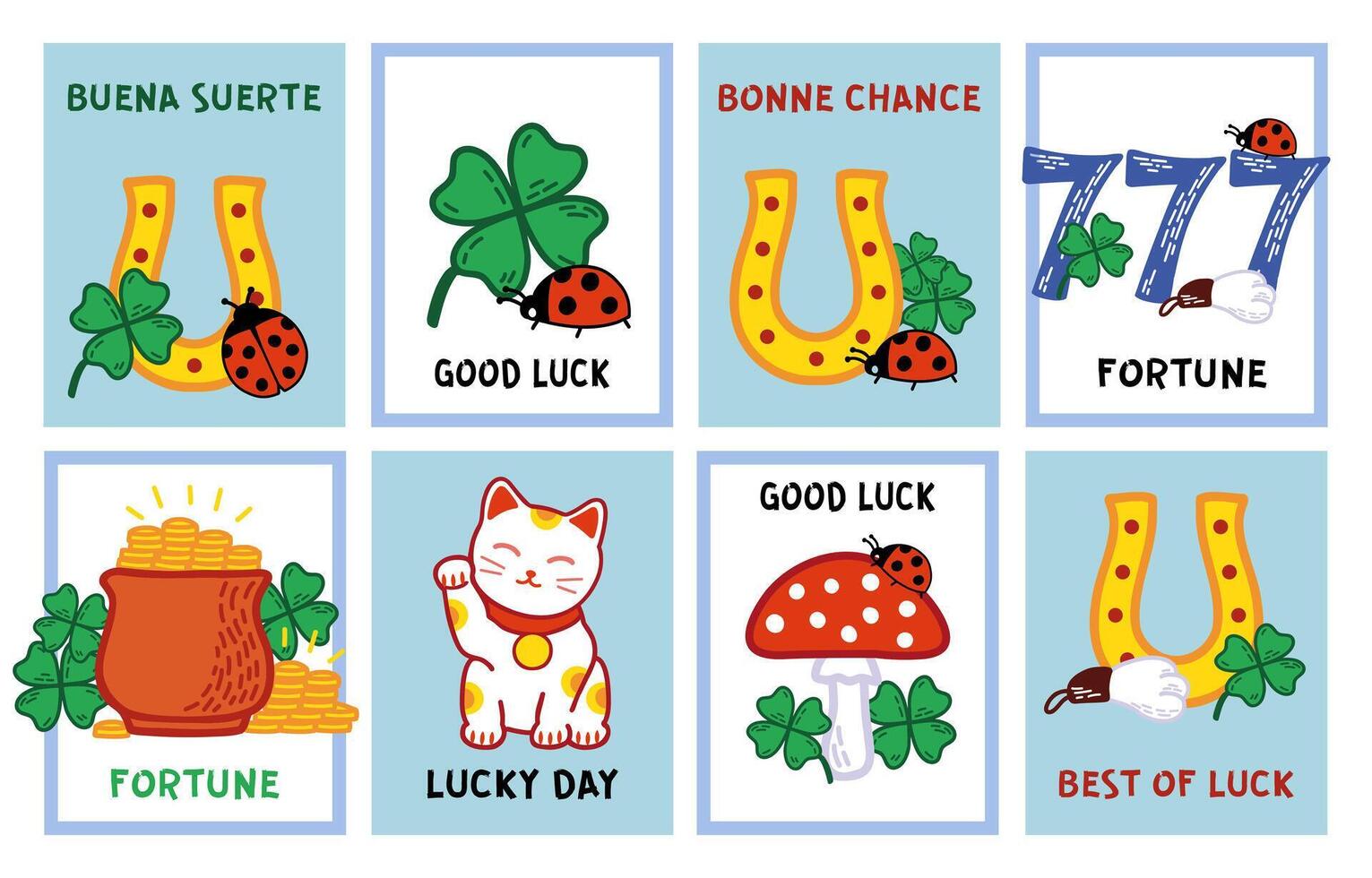 Best of Luck Postcard Templates with symbols of success and prosperity. Talismans for luck doodle illustration vector