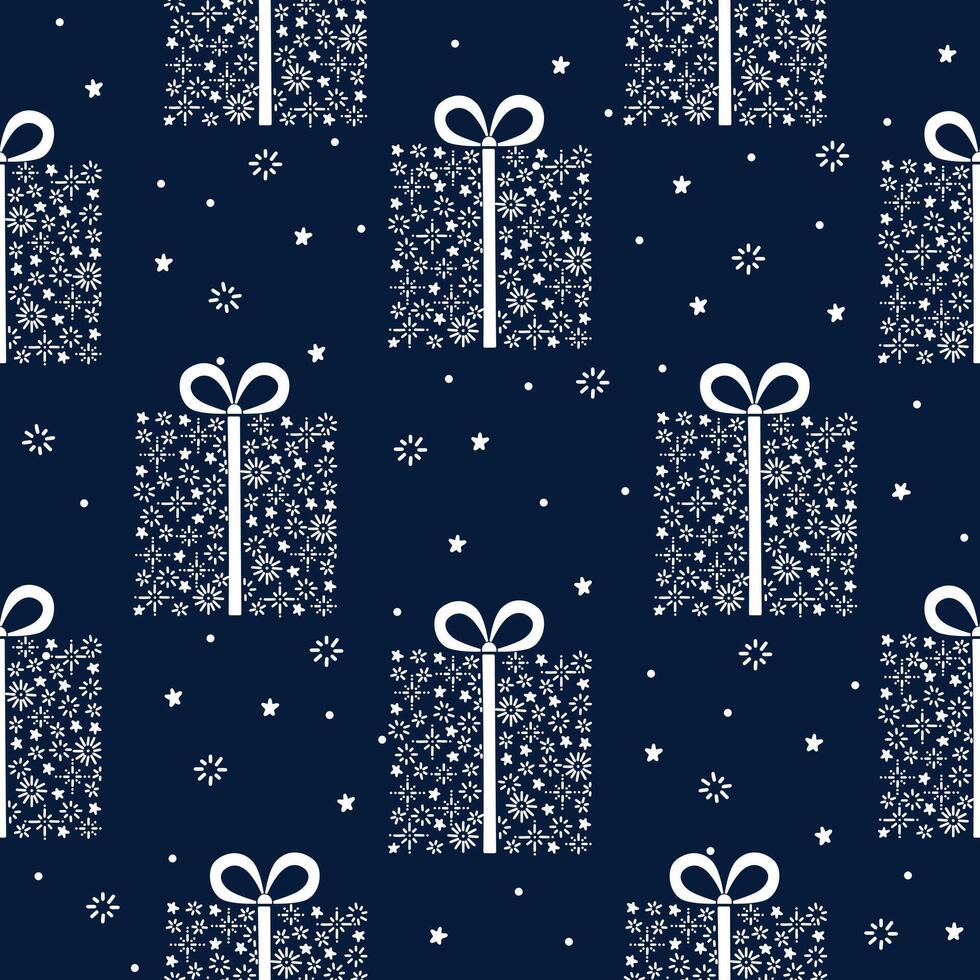Christmas doodle seamless pattern with gift boxes and snowflakes on dark blue background. New year backdrop vector