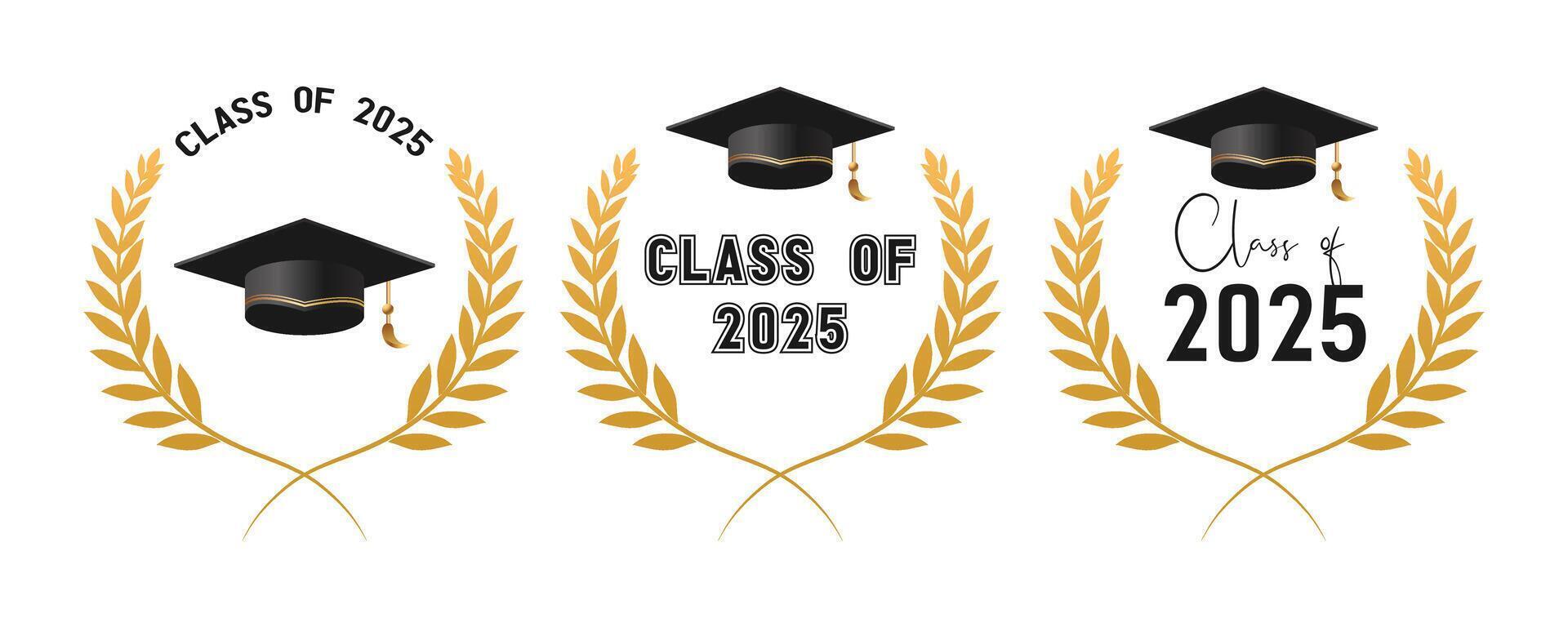 Set of class of 2025 graduation award emblem design with decorative gold frame vector