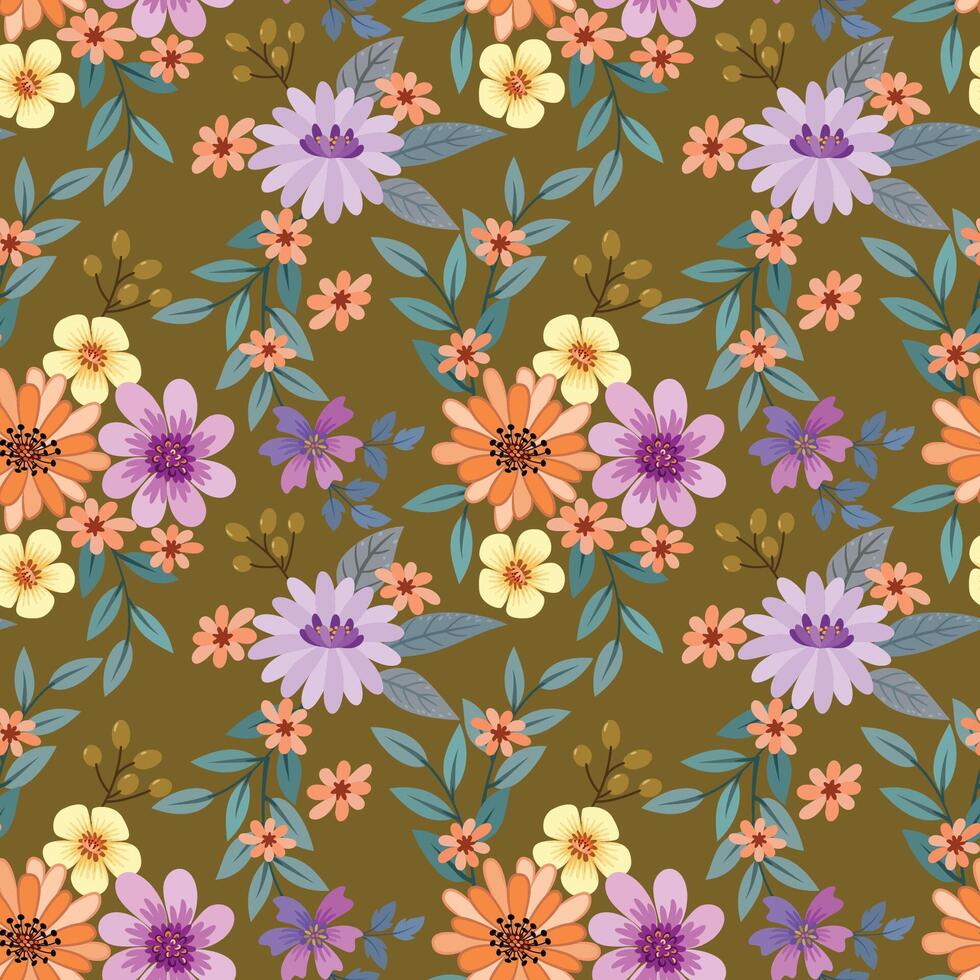 Cute colorful flowers on brown color background seamless pattern. vector