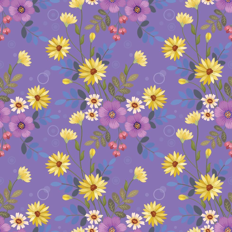 Cute colorful flowers on purple color background seamless pattern. vector