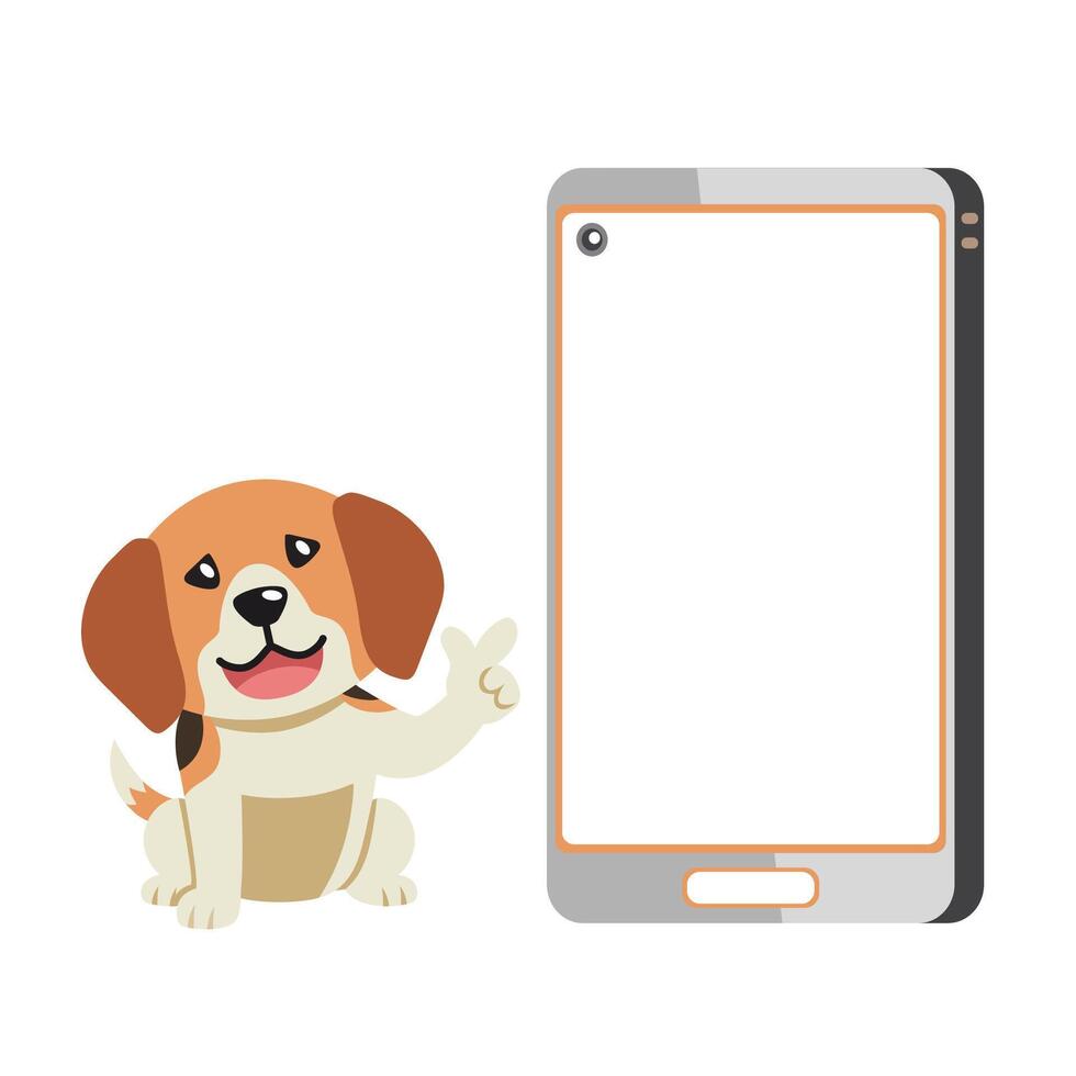 dibujos animados personaje linda beagle perro y teléfono inteligente vector