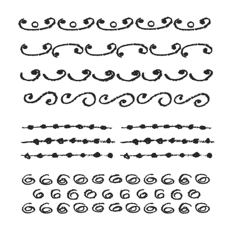 Charcoal pencil hand drawing curly lines. Swishes, swashes, swoops, swooshes, scribbles and squiggles. Black elements on white Grunge chalk crayon doodles textures. Crayon strokes. illustration vector