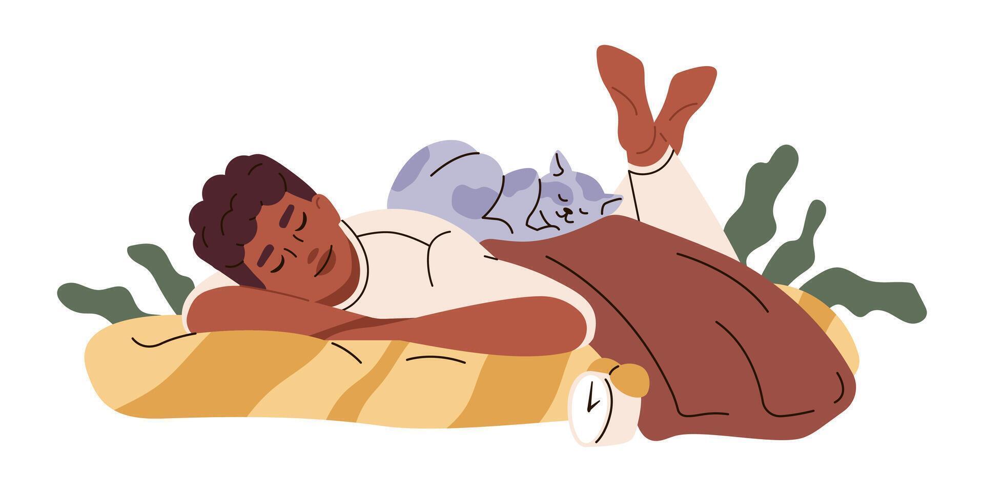 Boy sleeps with cat together. Normal life with a pet. flat illustration isolated. vector